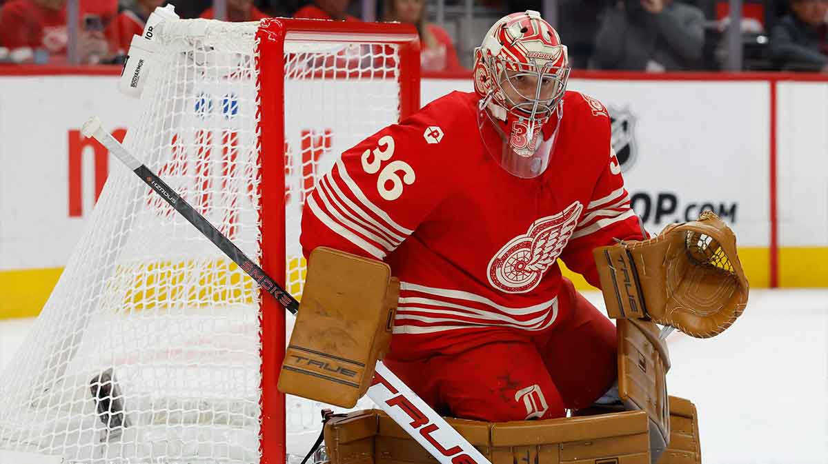Detroit Red Wings goaltender John Gibson (36) tends goal in the first period against the Montréal Canadiens at Little Caesars Arena.