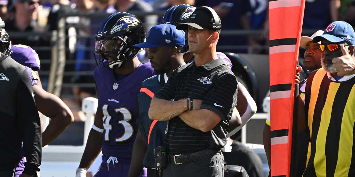 Oct 5, 2025; Baltimore, Maryland, USA; Baltimore Ravens head coach John Harbaugh stands on the sidelines during the third quarter against the Houston Texans at M&amp;T Bank Stadium.