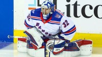 New York Rangers goaltender Jonathan Quick (32) during the warmup period against the Calgary Flames at Scotiabank Saddledome.