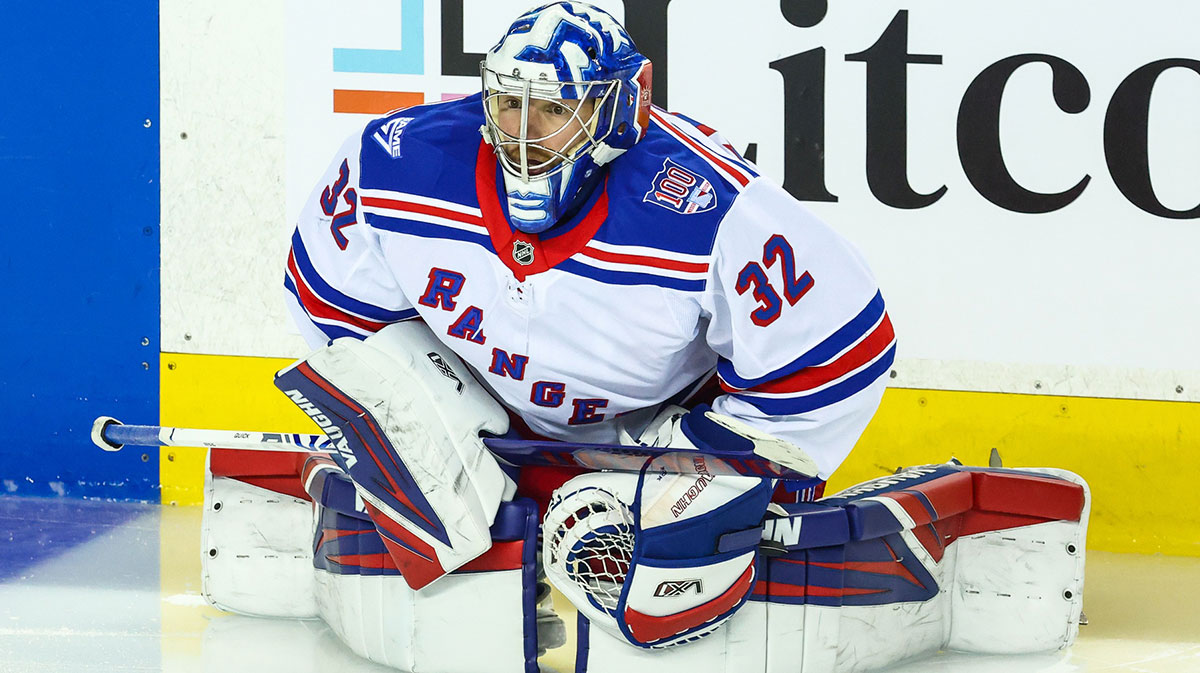 New York Rangers goaltender Jonathan Quick (32) during the warmup period against the Calgary Flames at Scotiabank Saddledome.