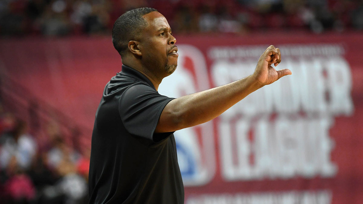 Cleveland Cavaliers Summer League head coach Damon Jones gestures during an NBA Summer League game against the Los Angeles Lakers at Thomas & Mack Center.