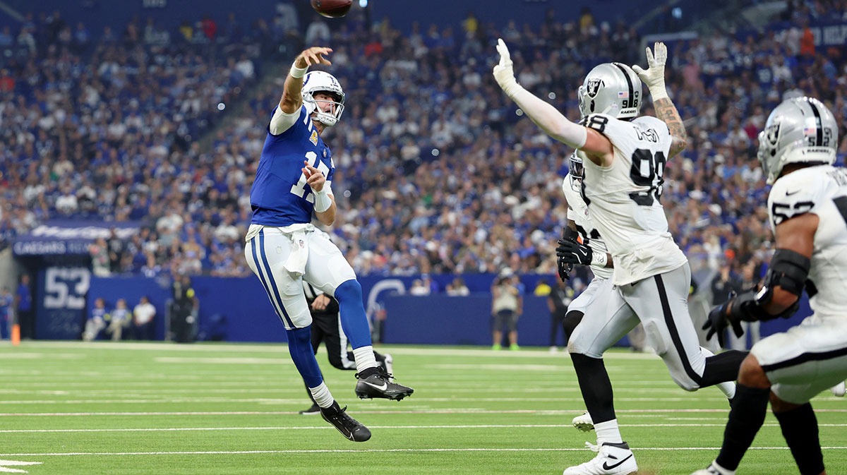Indianapolis Colts quarterback Daniel Jones (17) throws a touchdown pass against the Las Vegas Raiders during the second quarter at Lucas Oil Stadium.