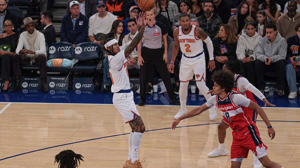 New York Knicks guard Jordan Clarkson (00) makes a two-point basket during the first quarter against the Washington Wizards at Madison Square Garden.