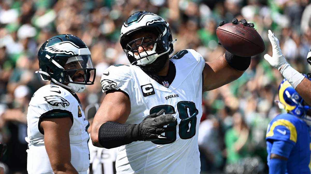 Sep 21, 2025; Philadelphia, Pennsylvania, USA; Philadelphia Eagles offensive tackle Jordan Mailata (68) reacts after an offensive touchdown against the Los Angeles Rams during the first half at Lincoln Financial Field.