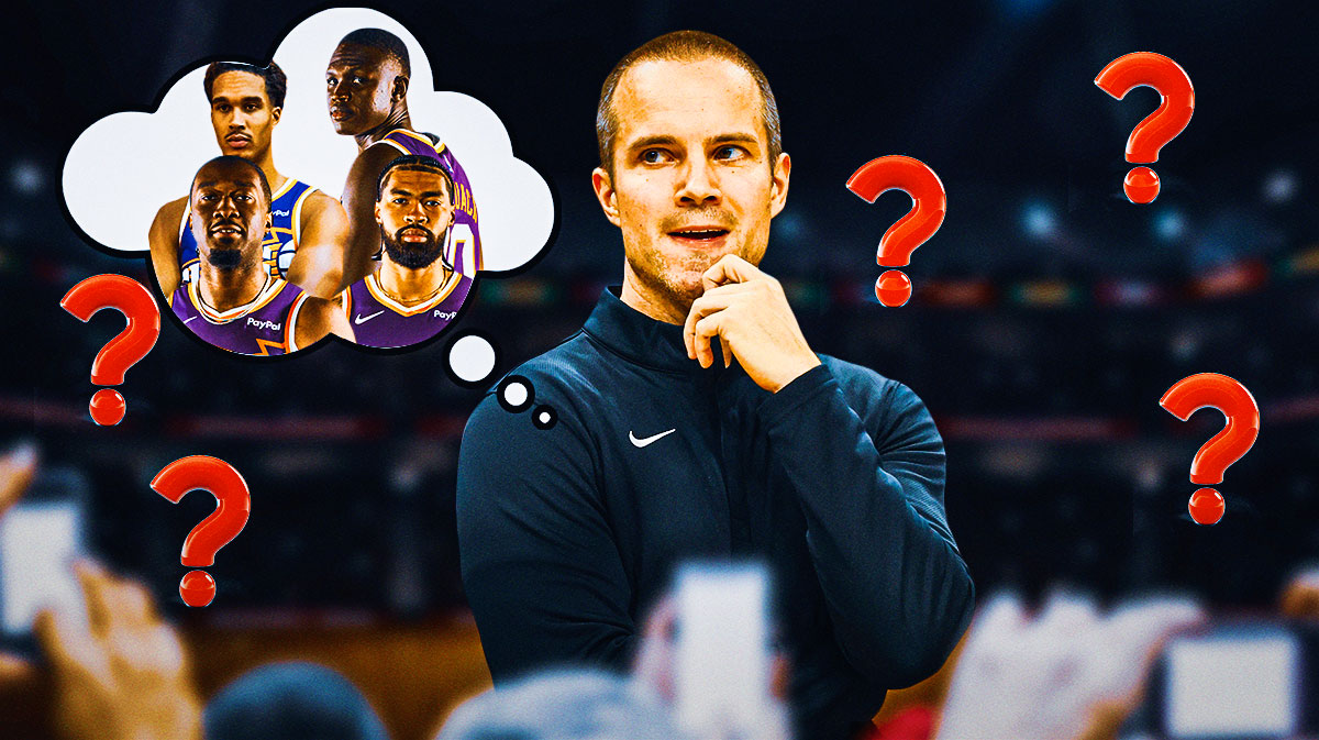 Phoenix Suns head coach Jordan Ott with a thought bubble of Suns centers Mark Williams, Nick Richards, Oso Ighodaro, and Khaman Maluach. There are question marks around Ott as well.