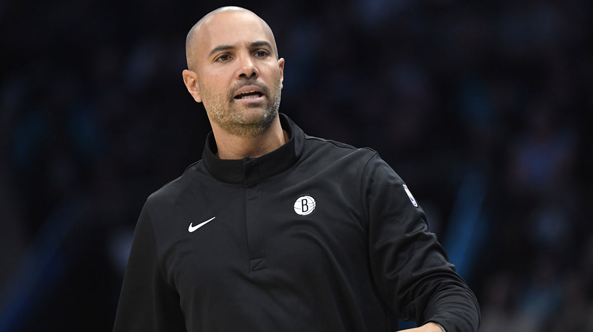 Brooklyn Nets head coach Jordi Fernandez reacts during the first half against the Charlotte Hornets at the Spectrum Center.