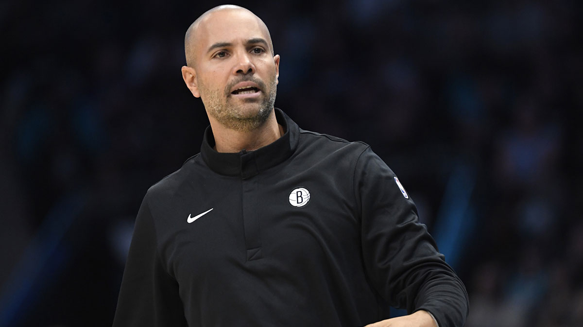 Brooklyn Nets head coach Jordi Fernandez reacts during the first half against the Charlotte Hornets at the Spectrum Center.