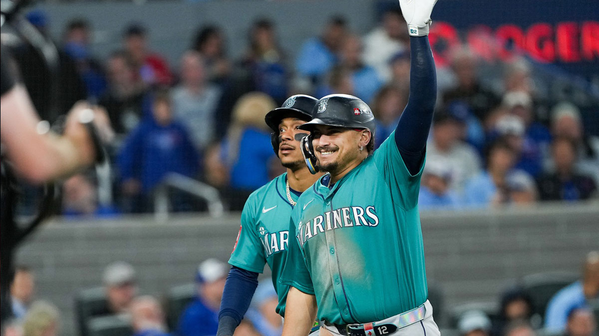 Seattle Mariners infielder Josh Naylor (12) celebrates a two run home run in the seventh inning against the Toronto Blue Jays during game two of the ALCS round for the 2025 MLB playoffs at Rogers Centre.