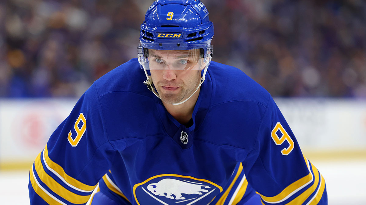 Buffalo Sabres center Josh Norris (9) waits for the face-off during the first period against the New York Rangers at KeyBank Center.