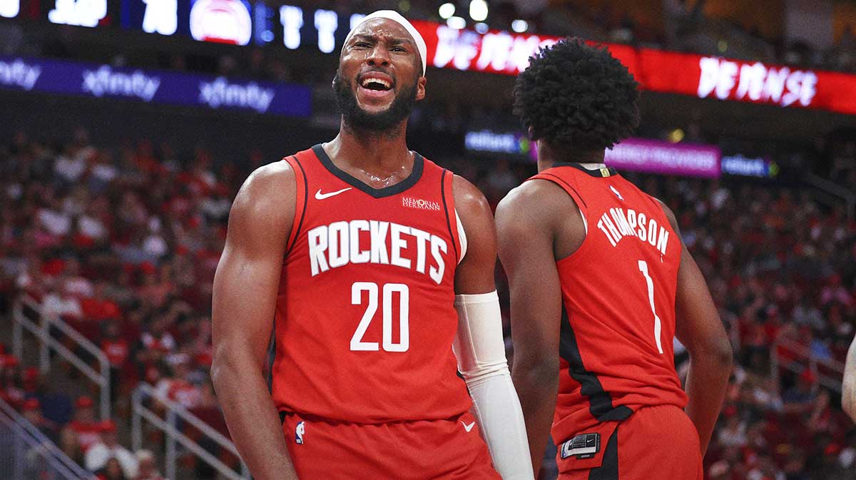 Houston Rockets guard Josh Okogie (20) reacts after a play during the third quarter against the Detroit Pistons at Toyota Center.