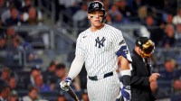 New York Yankees right fielder Aaron Judge (99) reacts to striking during the eighth inning against the Toronto Blue Jays during game four of the ALDS round for the 2025 MLB playoffs at Yankee Stadium.