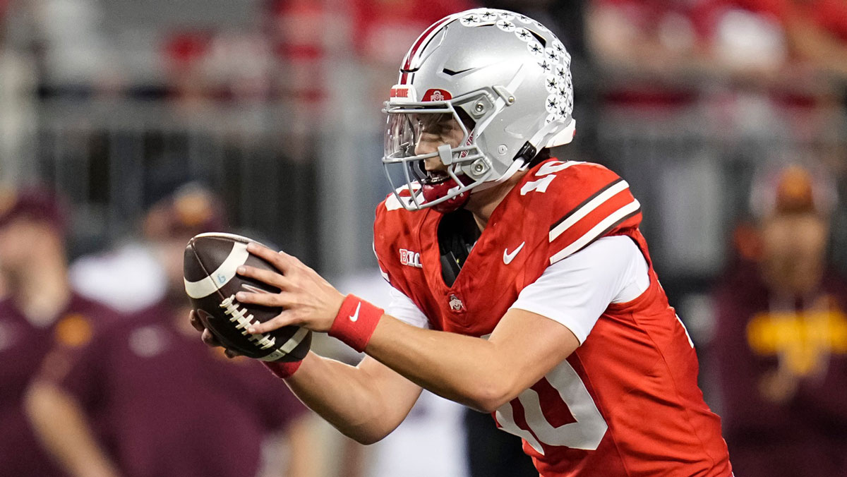 Ohio State Buckeyes quarterback Julian Sayin (10) takes a snap during the second half of the NCAA football game against the Minnesota Golden Gophers at Ohio Stadium in Columbus on Oct. 4, 2025. Ohio State won 42-3.