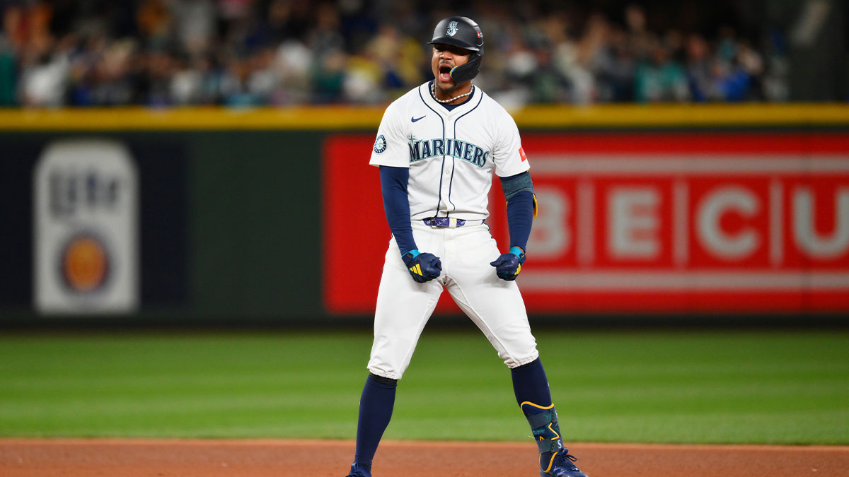 Seattle Mariners center fielder Julio Rodriguez (44) celebrates after hitting an RBI double against the Detroit Tigers in the eighth inning during game two of the ALDS round for the 2025 MLB playoffs at T-Mobile Park.