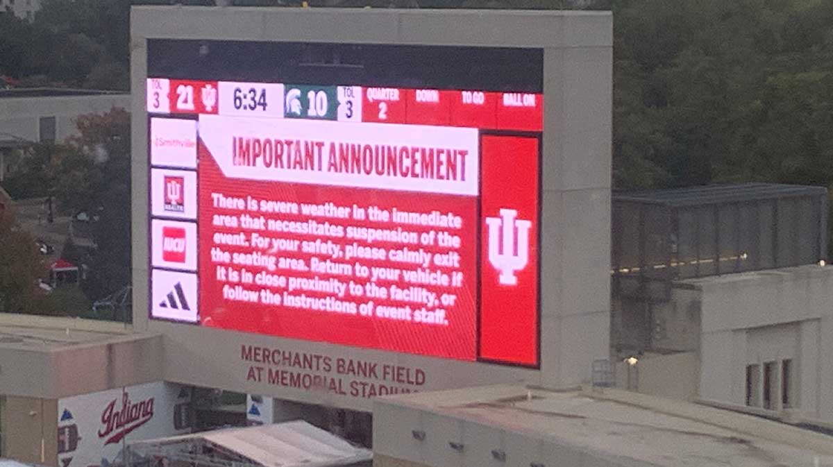 Michigan State football's game vs. Indiana has entered a weather delay as storms roll through Bloomington, Indiana at Memorial Stadium.