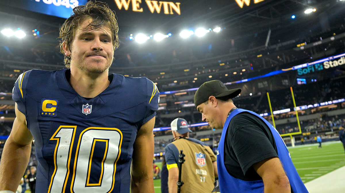Los Angeles Chargers quarterback Justin Herbert (10) as he leaves the field following the game against the Minnesota Vikings at SoFi Stadium. 