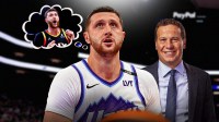 Jusuf Nurkic in a Utah Jazz jersey, with a thought bubble of Nurkic in a Suns jersey. There’s also Suns owner Mat Ishbia smiling next to him and a background of the Suns home arena.