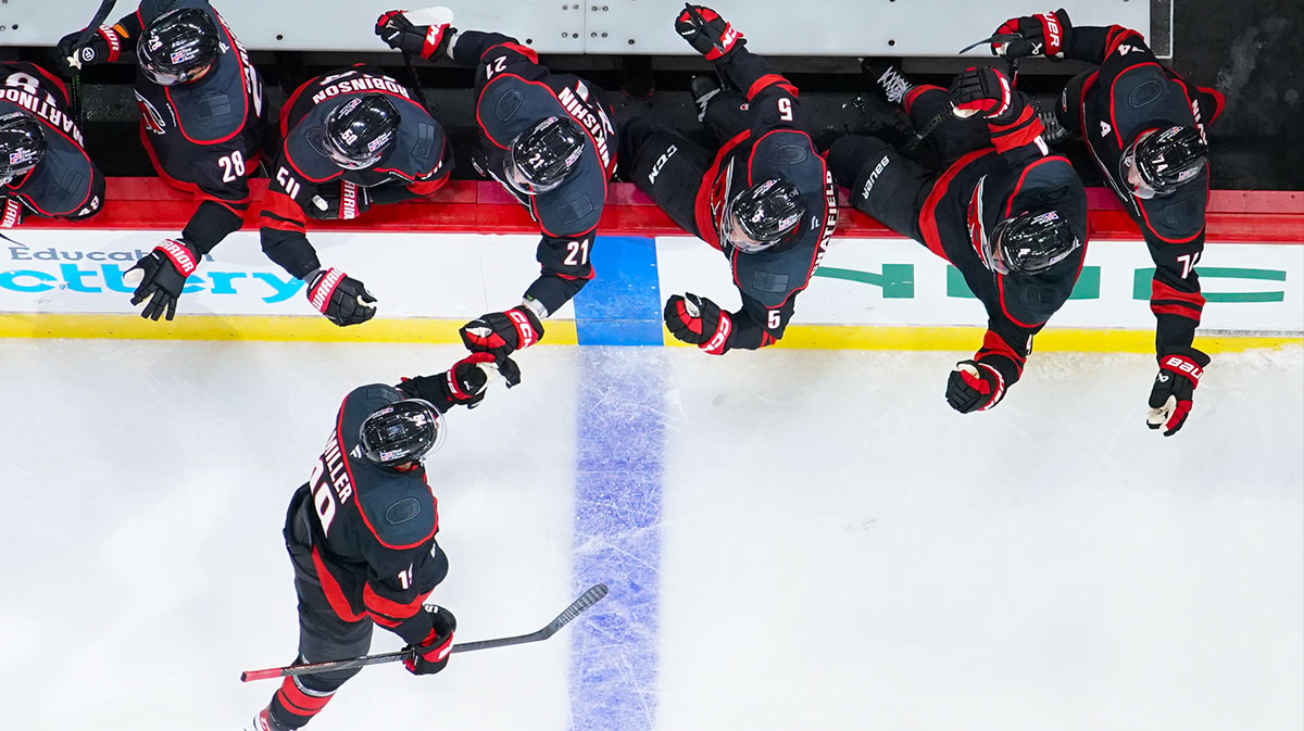 Carolina Hurricanes defenseman K'Andre Miller (19) celebrates his goal against the New Jersey Devils during the third period at Lenovo Center.
