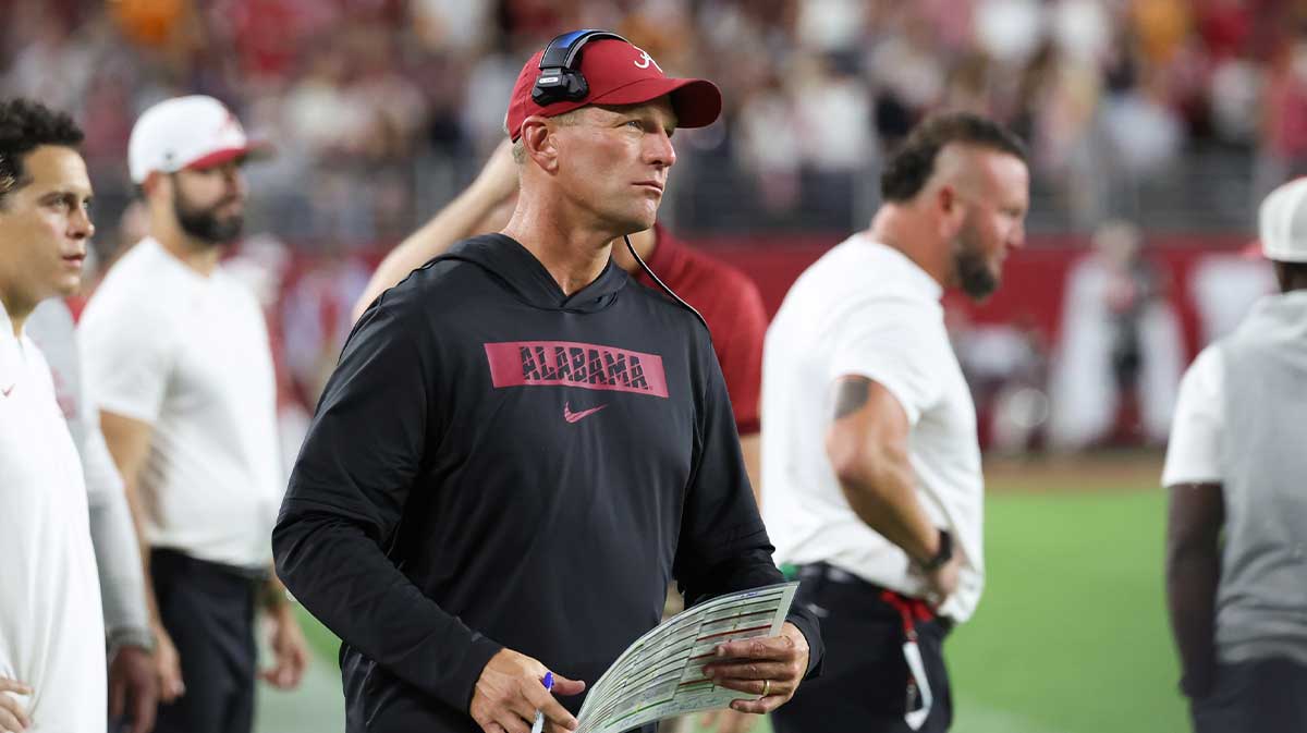 Alabama Crimson Tide head coach Kalen DeBoer looks on in the third quarter against the Tennessee Volunteers at Saban Field at Bryant-Denny Stadium.