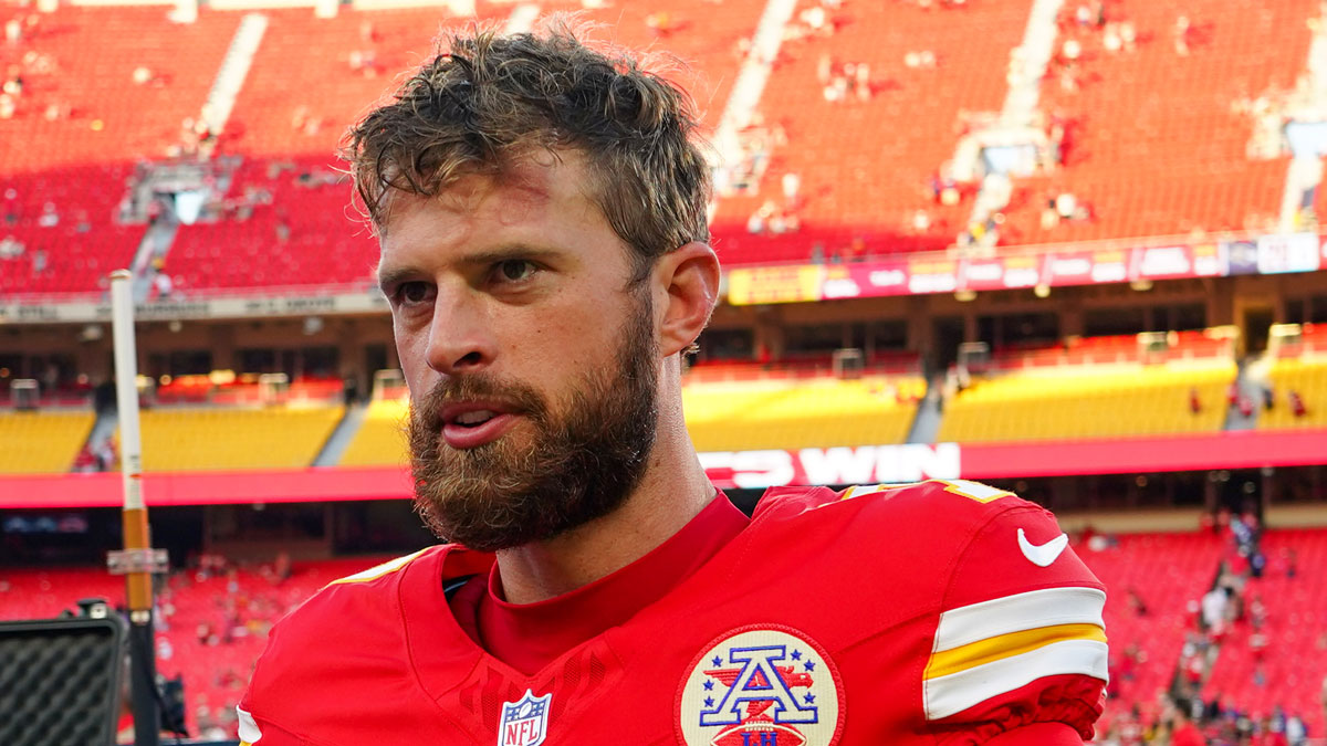 Kansas City Chiefs kicker Harrison Butker (7) leaves the field against the Baltimore Ravens after game at GEHA Field at Arrowhead Stadium.