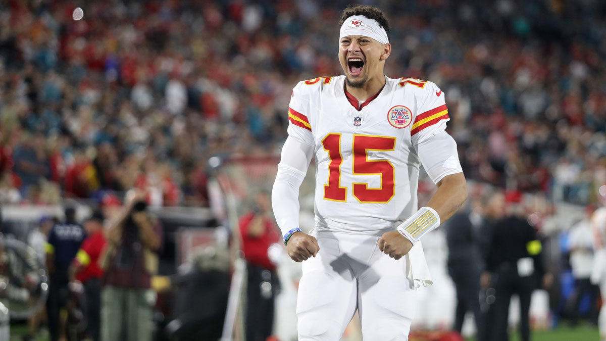 Kansas City Chiefs quarterback Patrick Mahomes (15) yells before a game against the Jacksonville Jaguars at EverBank Stadium.