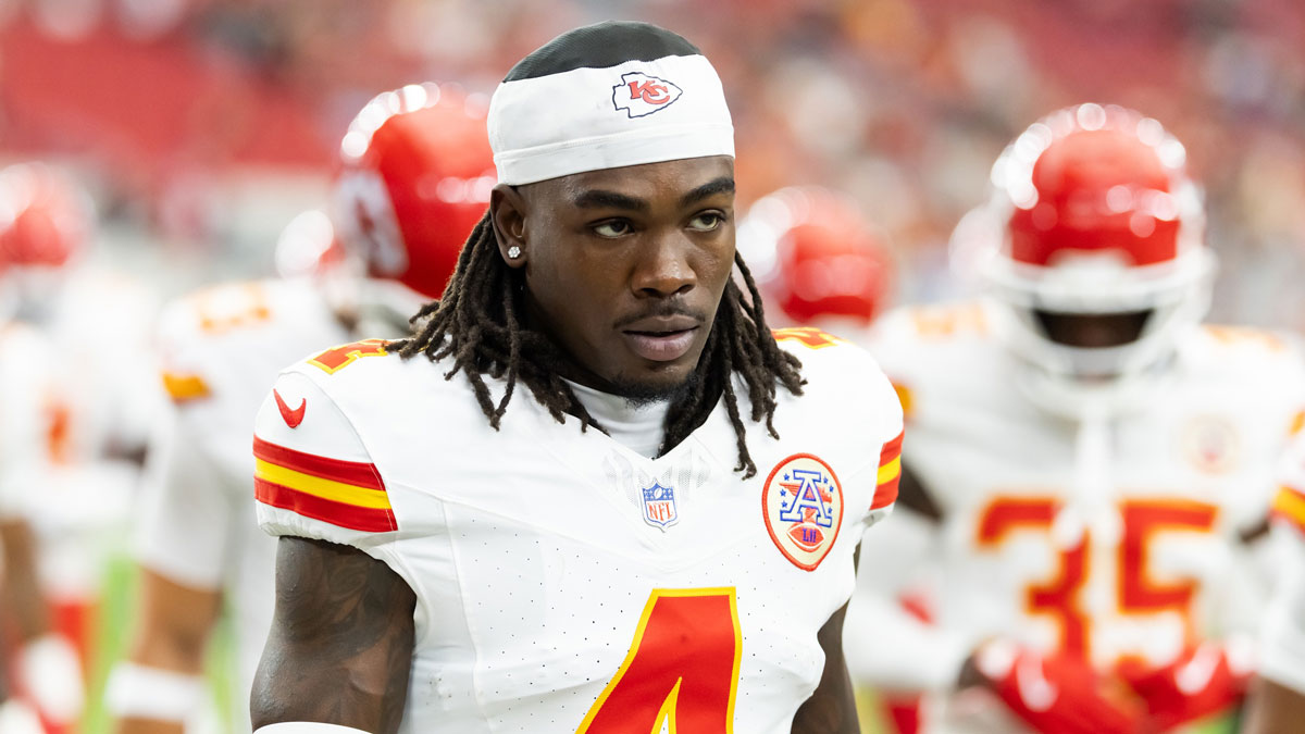 Kansas City Chiefs wide receiver Rashee Rice (4) against the Arizona Cardinals during a preseason NFL game at State Farm Stadium. Mandatory Credit: Mark J. Rebilas-Imagn Images