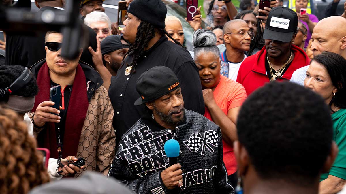 Katt Williams speaks in Avondale at Maple Avenue and Reading Road where he grew up and where the street shares his name on Saturday, April 19, 2025. Katt Williams has a scheduled performance in Cincinnati on April 19th.