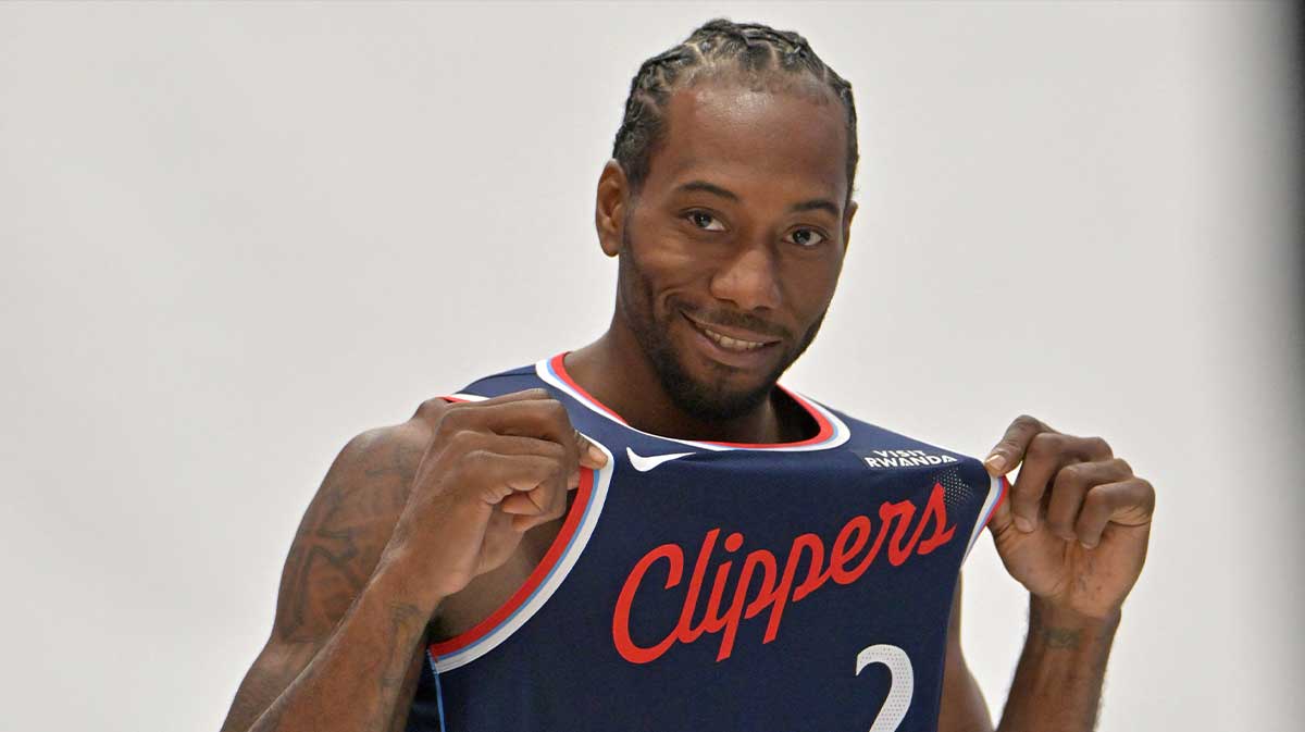 Los Angeles Clippers forward Kawhi Leonard (2) poses during media day at Intuit Dome.