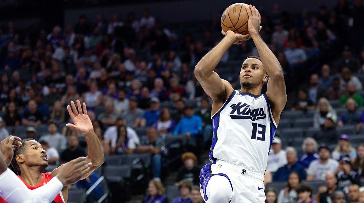 Sacramento Kings forward Keegan Murray (13) shoots the ball during the first quarter against the Toronto Raptors at Golden 1 Center.