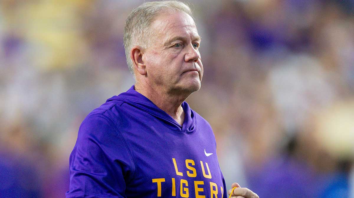 LSU Tigers head coach Brian Kelly looks on against the South Carolina Gamecocks during the first half at Tiger Stadium.