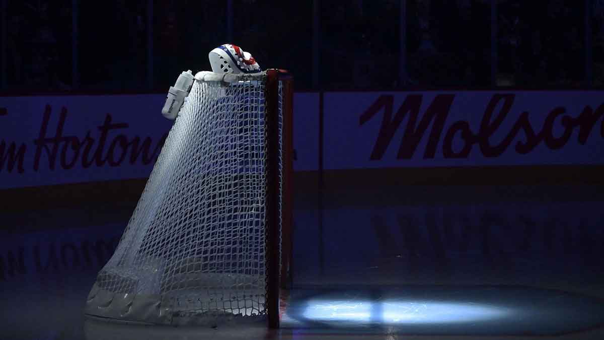 Former Montreal Canadiens goalie Ken Dryden’s mask on top of the net before the game against the Seattle Kraken at the Bell Centre.