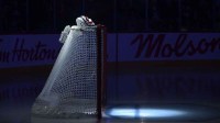 Former Montreal Canadiens goalie Ken Dryden’s mask on top of the net before the game against the Seattle Kraken at the Bell Centre.