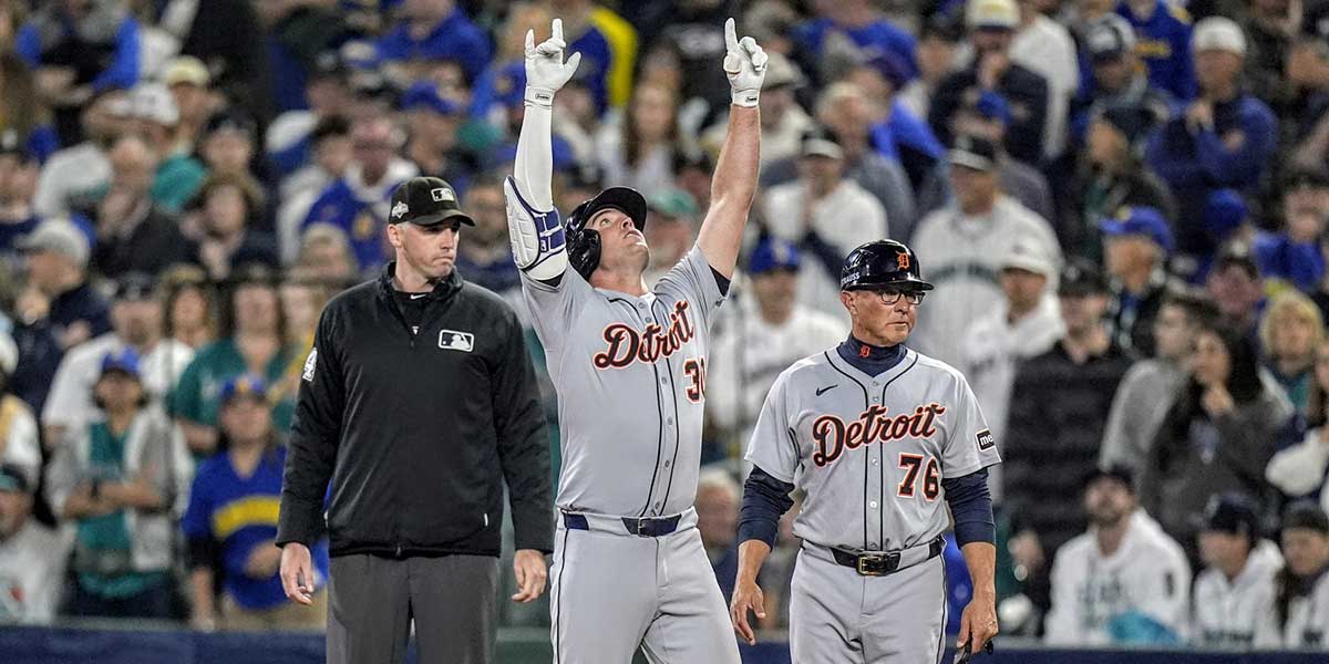 Tigers right fielder Kerry Carpenter hits a single against Mariners during the third inning of ALDS Game 5 at T-Mobile Park in Seattle on Friday, Oct. 10, 2025.