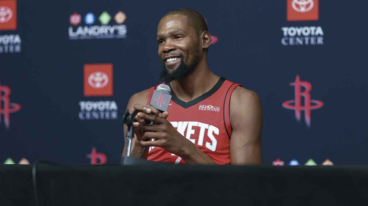 Houston Rockets forward Kevin Durant (7) talks to media during Houston Rockets media day at Toyota Center.