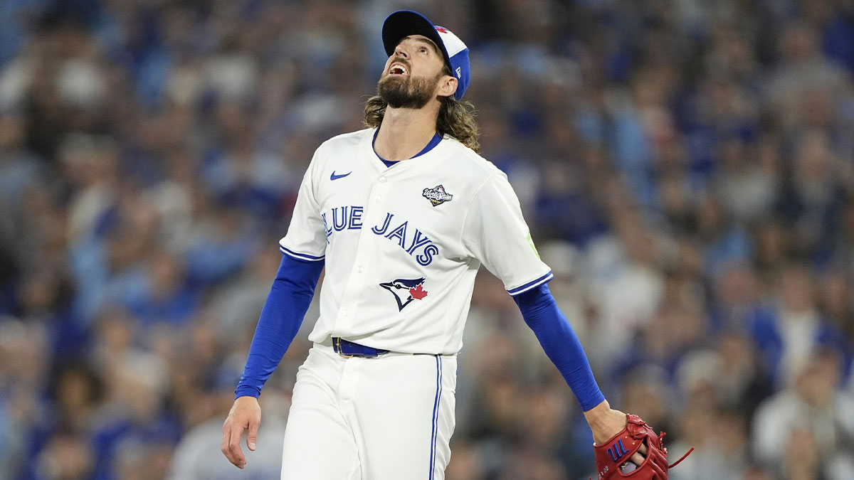 Toronto Blue Jays pitcher Kevin Gausman (34) reacts in the first inning against the Los Angeles Dodgers during game two of the 2025 MLB World Series at Rogers Centre.