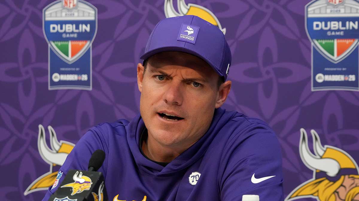 Minnesota Vikings coach Kevin O'Connell at press conference after an NFL International Series game against the Pittsburgh Steelers at Croke Park.