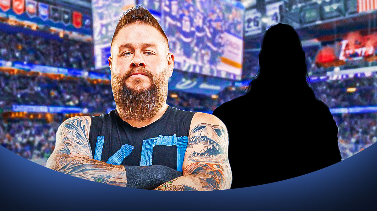 WWE star Kevin Owens with silhouette of AEW star Chris Jericho with Amalie Arena, where the Tampa Bay Lightning and Dallas Stars played their recent game.