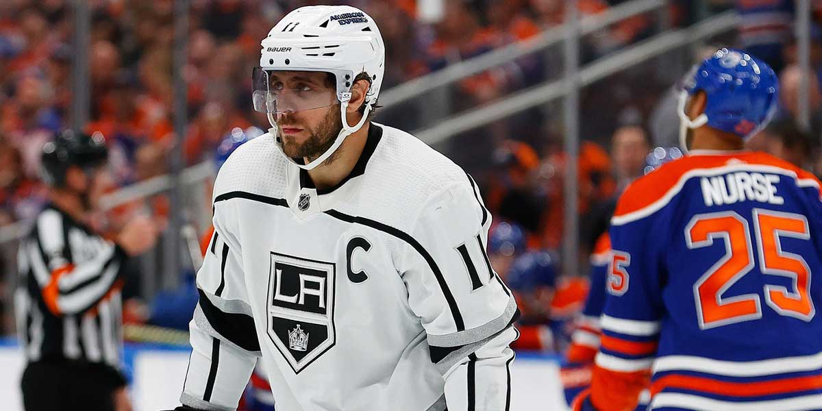 Los Angeles Kings forward Anze Kopitar (11) skates against the Edmonton Oilers in game five of the first round of the 2023 Stanley Cup Playoffs at Rogers Place.