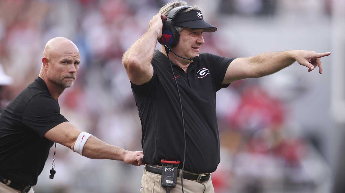 Georgia Bulldogs head coach Kirby Smart reacts during the third quarter of the game against the Mississippi Rebels at Sanford Stadium.