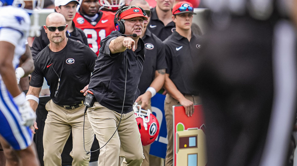 Georgia Bulldogs coach Kirby Smart reacts to the action against the Kentucky Wildcats at Sanford Stadium.