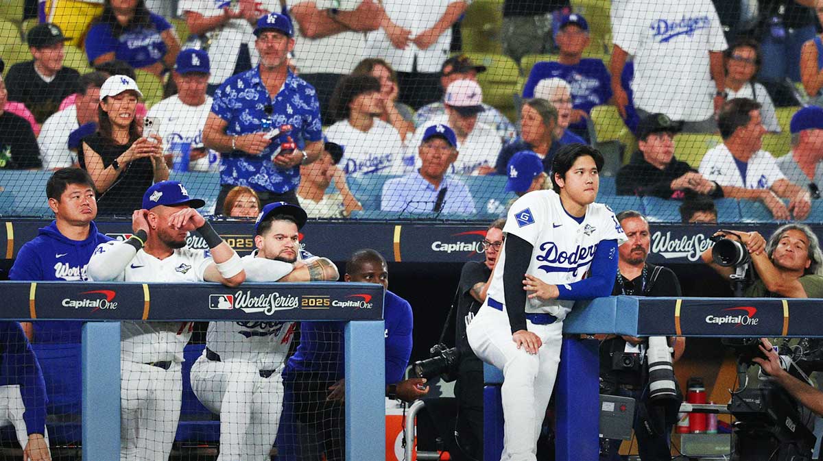 Oct 29, 2025; Los Angeles, California, USA; Los Angeles Dodgers two-way player Shohei Ohtani (17) looks on after the game against the Toronto Blue Jays during game five of the 2025 MLB World Series at Dodger Stadium. Mandatory Credit: Kiyoshi Mio-Imagn Images