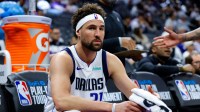 Dallas Mavericks guard Klay Thompson (31) sits on the bench during the fourth quarter against the Sacramento Kings at Golden 1 Center.