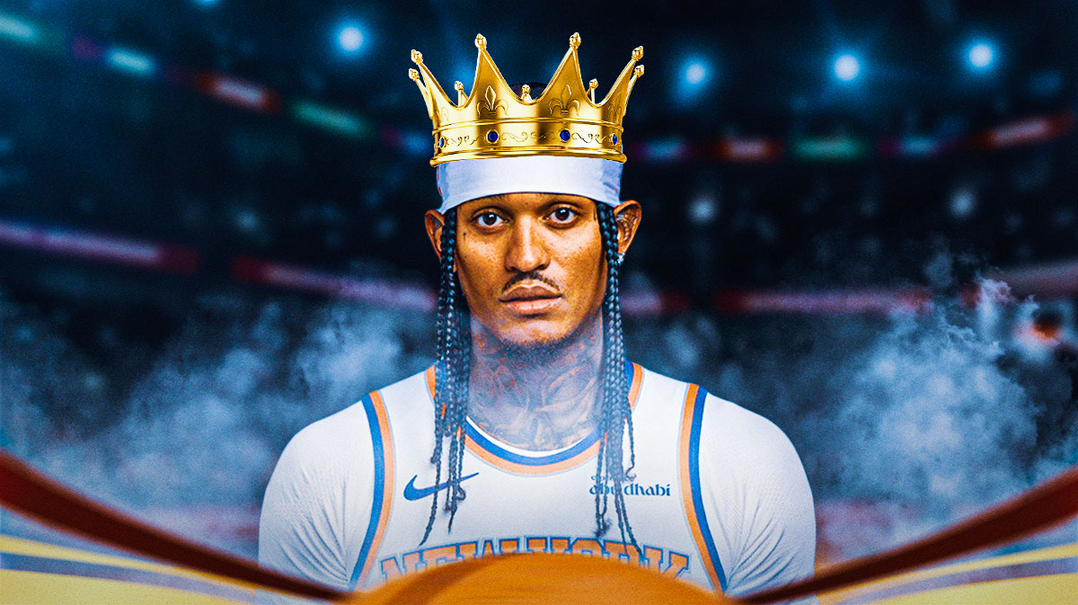 Knicks' Sixth Man of the Year candidate Jordan Clarkson smiling, wearing a crown, with smoke coming off of him