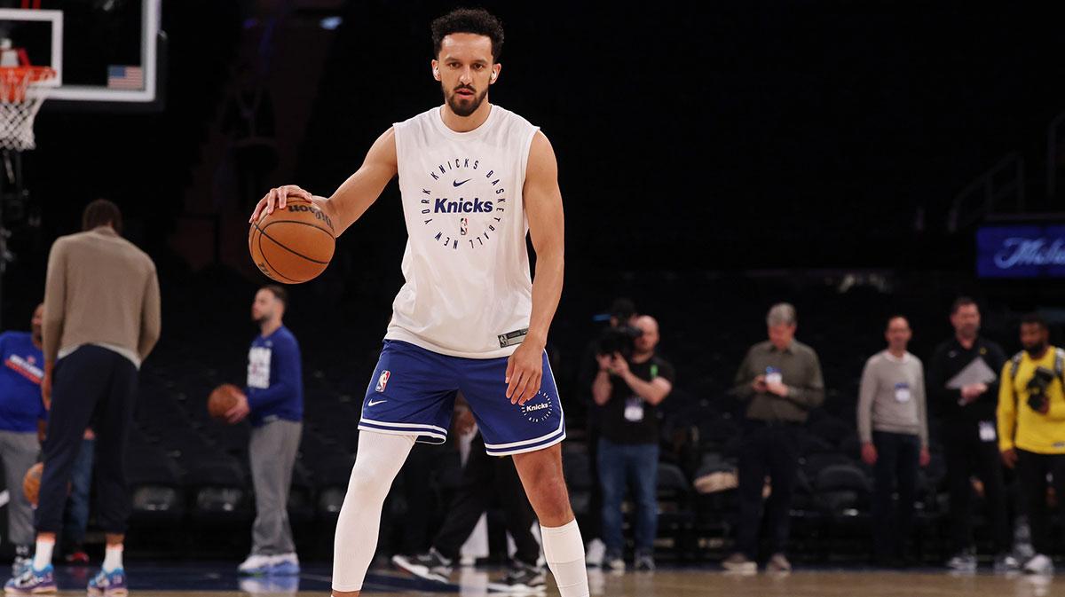 Knicks guard Landry Shamet (44) warms up before game five against the Indiana Pacers in the eastern conference finals for the 2025 NBA Playoffs at Madison Square Garden