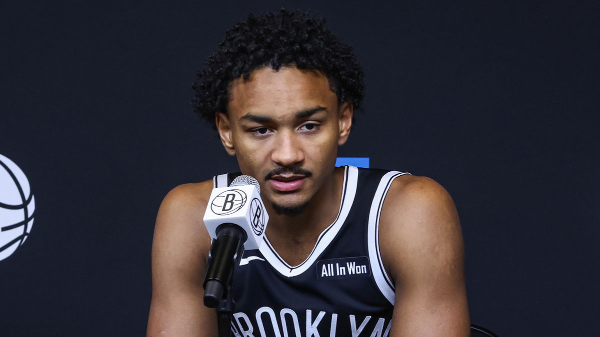 Sep 23, 2025; Brooklyn, NY, USA; Brooklyn Nets guard Kobe Bufkin (44) speaks at Media Day. Mandatory Credit: Wendell Cruz-Imagn Images