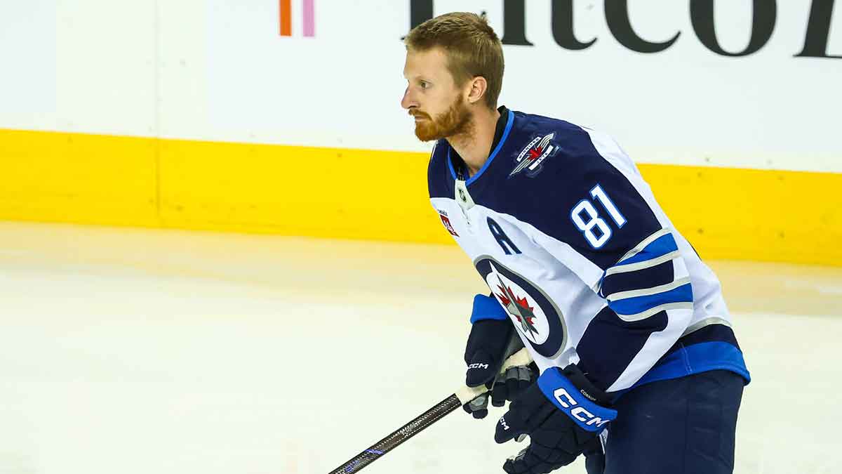 Winnipeg Jets left wing Kyle Connor (81) skates during the warmup period against the Calgary Flames at Scotiabank Saddledome