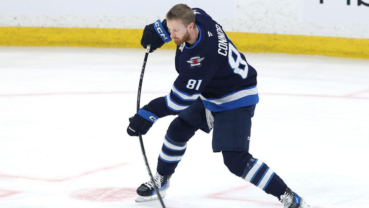 Winnipeg Jets left wing Kyle Connor (81) warms up before a game against the Dallas Stars in game two of the second round of the 2025 Stanley Cup Playoffs at Canada Life Centre