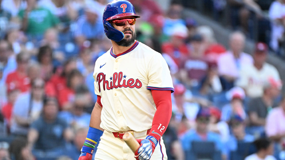 Philadelphia Phillies outfielder Kyle Schwarber (12) reacts after striking out during the fourth inning against the Minnesota Twins at Citizens Bank Park.