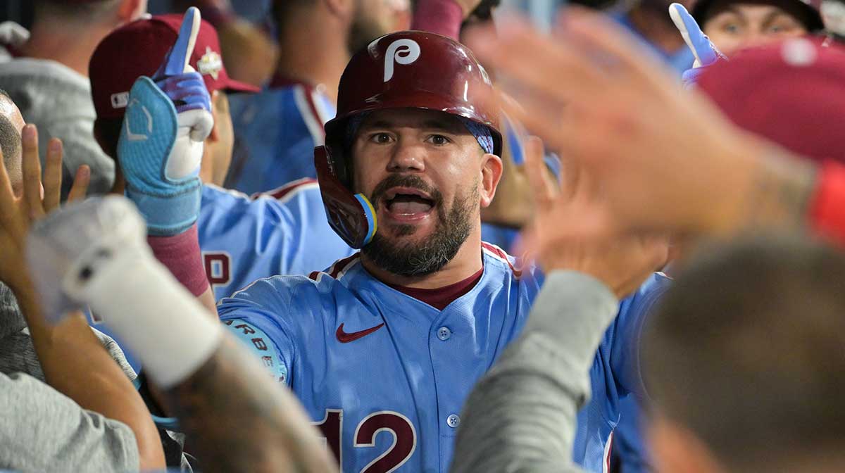 Philadelphia Phillies designated hitter Kyle Schwarber (12) celebrates after hitting a two run home run during the eighth inning against the Los Angeles Dodgers during game three of the NLDS round for the 2025 MLB playoffs at Dodger Stadium.