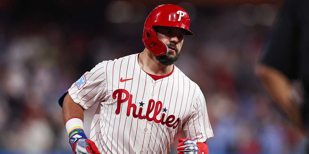 Philadelphia Phillies outfielder Kyle Schwarber (12) runs the bases after hitting a home run during the seventh inning against the Miami Marlins at Citizens Bank Park.