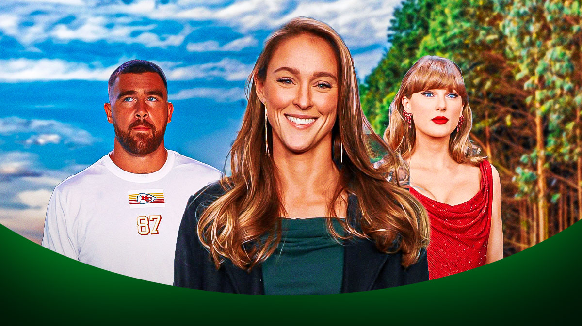Kylie Kelce in between Travis Kelce and Taylor Swift with wood trees behind them.